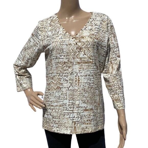 New Ruby Rd Women Cream Metallic V-Neck Long Sleeves Embellished Top Size M - Picture 1 of 8